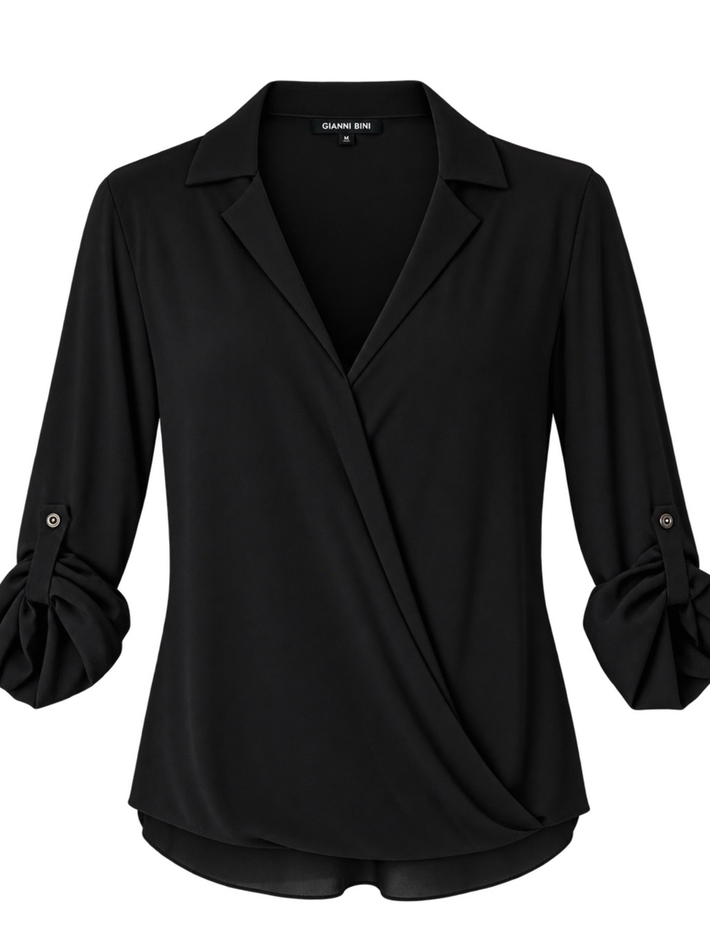 Gianni Bini Black Surplice Wrap Blouse with Roll-Tab Sleeves